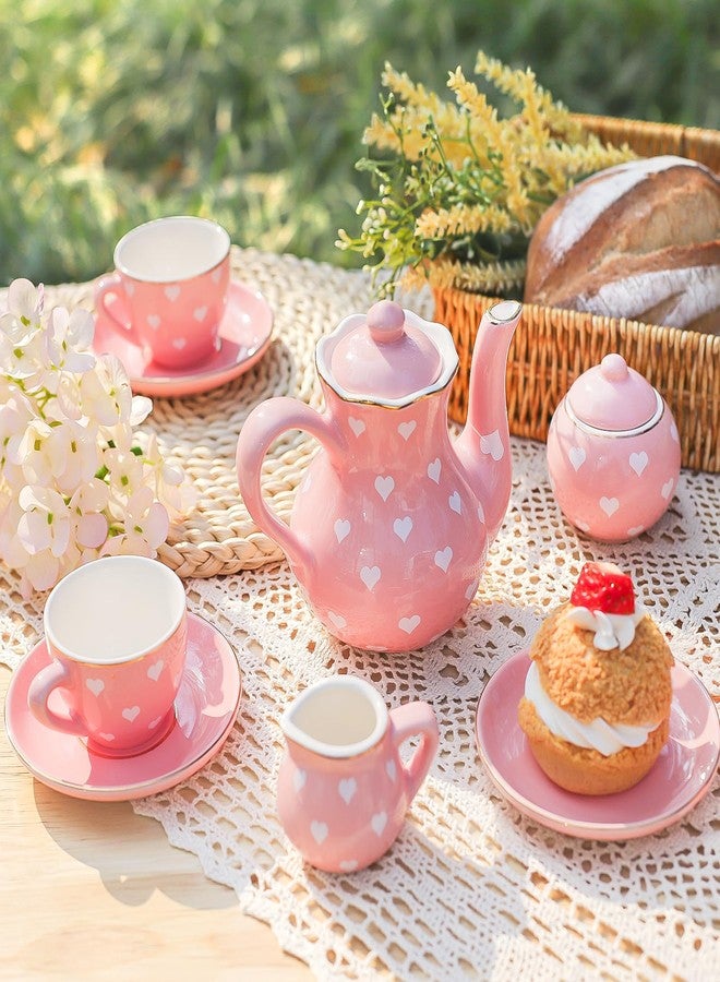 TUZT Tea Party Set for Little Girls Ages 3-8, Pink Heart Porcelain Tea Set with Gold Trim Edges, Princess Tea Time Toy Includes Pot & Cups & Saucers & Suitcase, Birthday Gifts for Toddlers Girls - Image 4